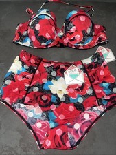 Ladies Black  Red Floral Floozie Frost French Bikini Size 12 Bottoms 36B Top