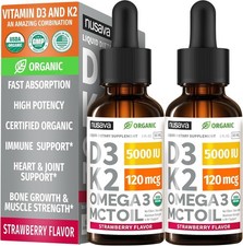 2 Pack Organic Vitamin D3 K2 Drops 5000 IU with MCT Oil Omega 3 - Maximum Str...
