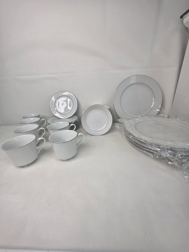 Crown Victoria Lovelace China 24-Piece Set White Platinum Trim Dinnerware
