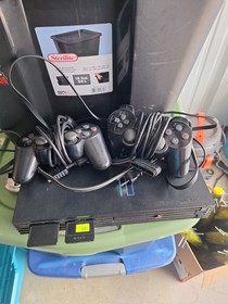 PlayStation 2 Fat Black Console Cords 3 Controllers 2 Memory Cards