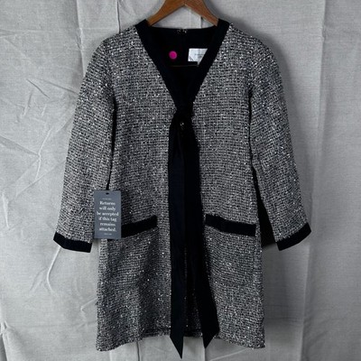 Pomander Place NWT XS Metallic Silver Tweed Tie Neck Dress Black Trim Mini