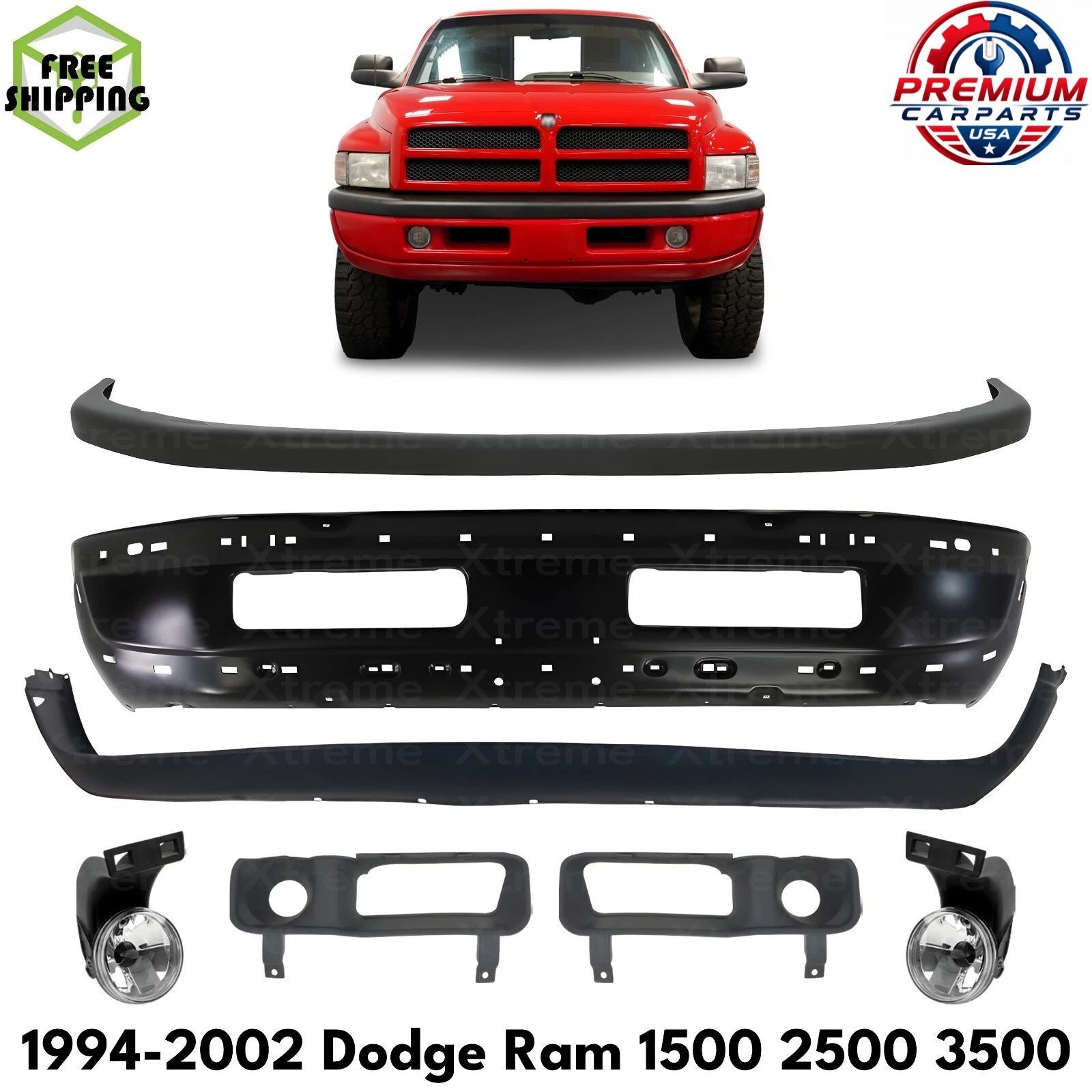 Front Bumper Primed Steel & Fog Lights Kit For 1994-2002 Dodge Ram 1500 2500