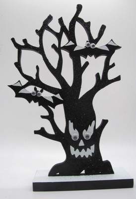 HAND DECO MDF HALLOWEEN SPOOKY TREE W/ BATS W/ GLITTER AND GOOGLE EYES