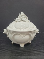Vintage White Majolica Ceramic Lidded Dish 3D Flowers Floral CPL Italy