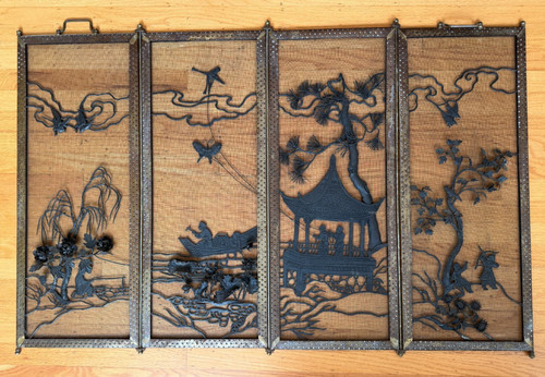 Vtg Mid-Century East Asian Export 4-Panel Folding Fireplace Screen Chinoiserie