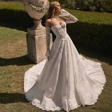 Princess Lace Beads Wedding Dress Strapless Floor Length Sweep Train Bridal Gown