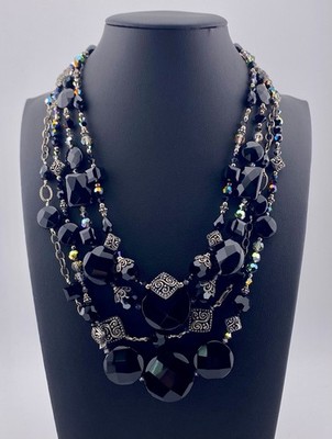 STUNNING VTG TRES JOLIE Four Strand 925 Black-Crystal-A.Borealis Beaded Necklace