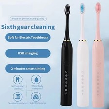Sonic Electric Toothbrush Adult USB Rechargeable 6 Mode Brushing Teeth w/4 Heads
