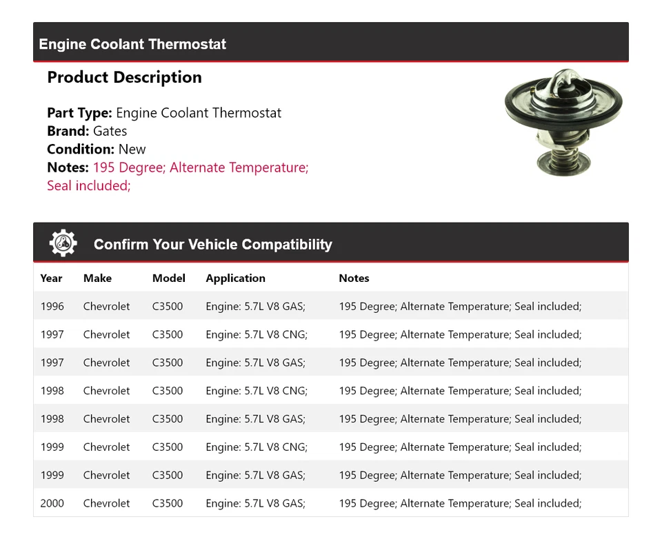 Puertas termostato refrigerante motor Chevrolet C3500 1996-2000 1997 1998 1999 Foto 2 de 4