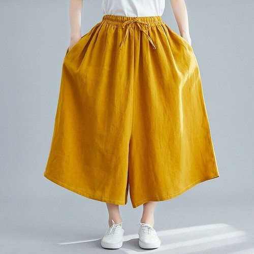 Lady Loose Pants Wide Leg Trouser Linen Blend Retro Elastic Waist Casual Baggy - Picture 4 of 7