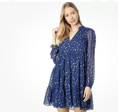 Lilly Pulitzer Sarita Dress Size 4 Navy Silk Gold V neck A-line Long Sleeve $288 - 第 2/5 張圖片