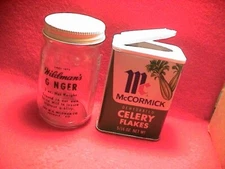 WILDMANS GINGER SPICE NORWALK & BELLEVUE OHIO GLASS JAR & McCORMICK CELERY TIN