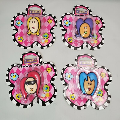 2 GRRRLS Dresser Drawer Knobs (4) Hand Painted Girl Face Teen Decor Fashion New 