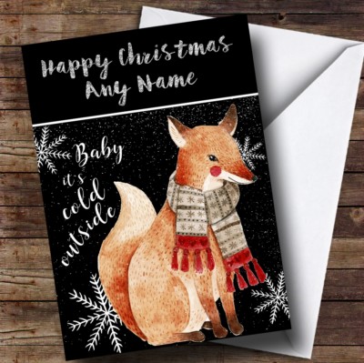 Personalisierte Kinderweihnachtskarte kalt draußen Schnee schwarzer Fuchs