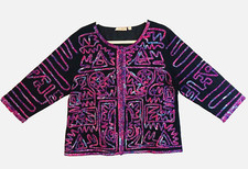 Choices Bohemian Black Multicolor Fringe Cotton Blazer Jacket Art To Wear Large