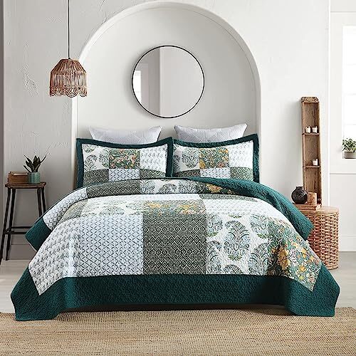 Queen Comforter Set for Bed - 100% Cotton Quilts Queen Size, Green, Emerald 