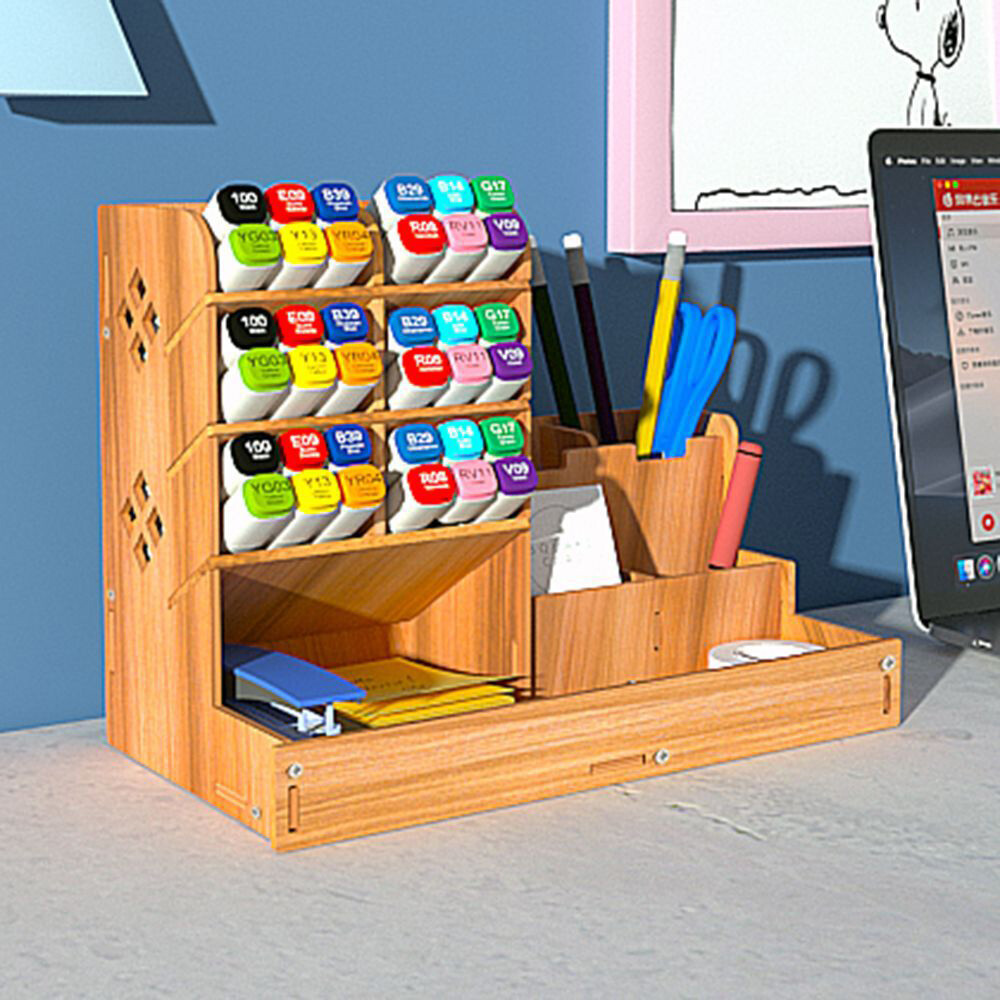 Wooden Pen Pencil Storage Holder Office Study Desk Organizer Box Tidy
