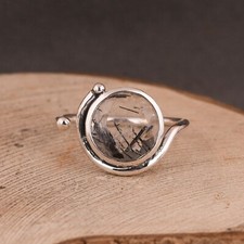 Black Rutile Round Shape Gemstone 925 Sterling Silver Color Adjustable Ring
