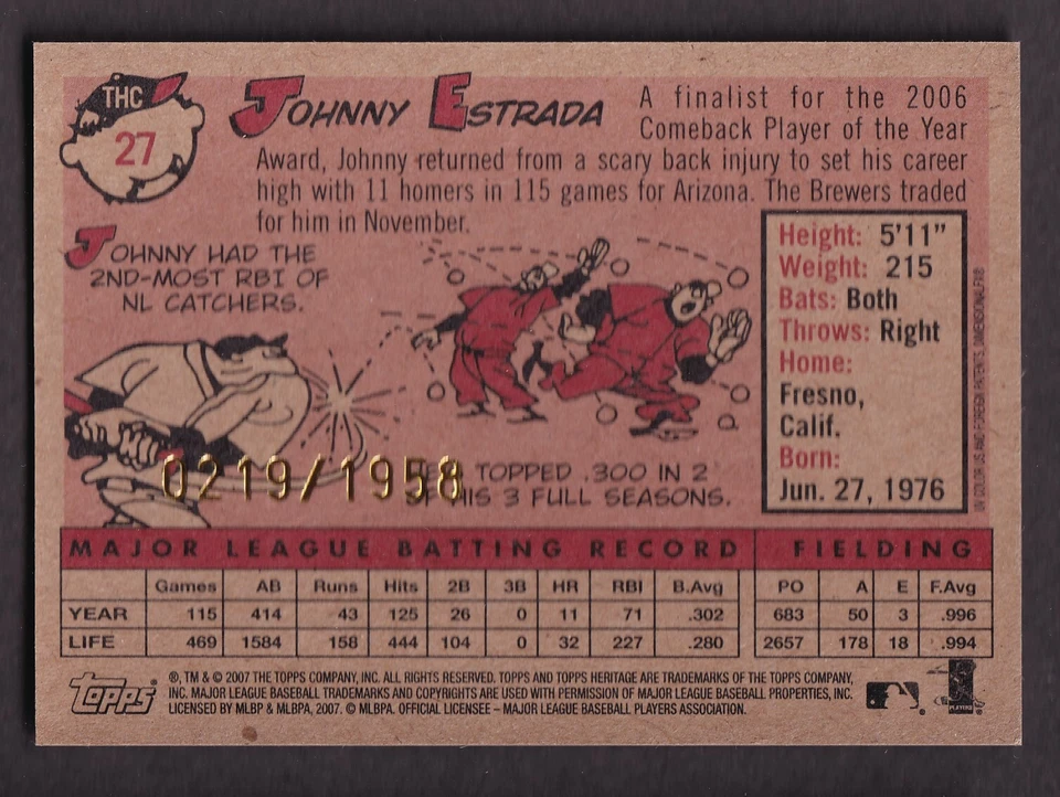 Johnny Estrada 2007 Topps Chrome Heritage Card #27 Brewers /1958 - Image 2 of 2