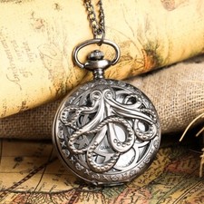 Men Octopus Hollow Cover Quartz Pocket Watch Necklace Pendant Chain Gift NEW