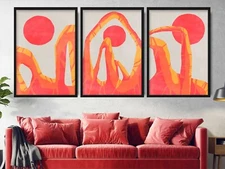 Set of 3 Prints - Abstract Red and Orange Landscape Sun Boho Wall Art