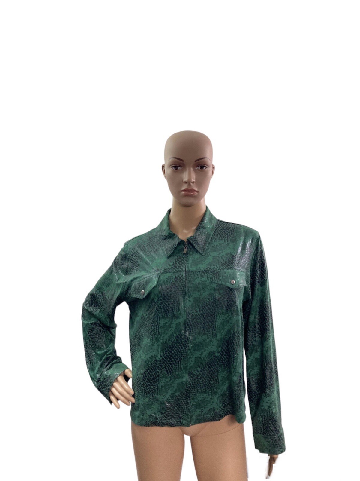 Women's Green Black Faux Snake Skin Jacket Size M with Pockets Full Zip