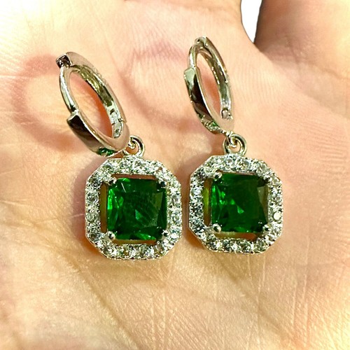 Green Emerald Dangle Drop Earrings for Women Sterling silver 925 lab-created - Picture 9 of 11