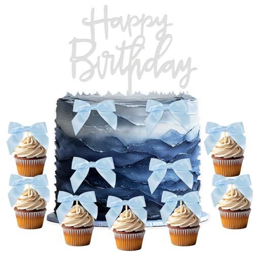 50 Stück Schleifen für Torte blaues Band Schleife Tortendeko mit Happy Birthday Torte... - Bild 1 von 5