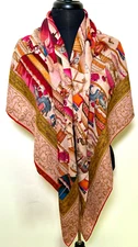 Cashmere & Silk Shawl Scarf with Circus Theme in Soft Challis A355