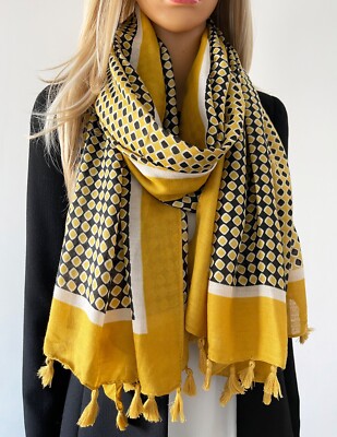 Ladies Large Diamond Tassel Scarf Mustard Yellow Shawl