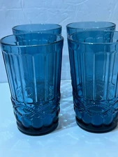 4 Blue Eye Winker Flat Tumblers Set Mosser Wright VintageGlasses-5.5”
