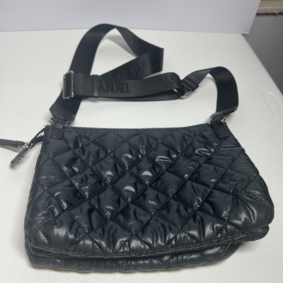 DKNY Black Quilted Nylon Crossbody Bag Adjustable Logo Strap Purse