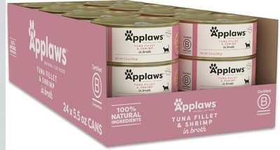 Applaws Natural Wet Cat Food 24 Ct Tuna Fillet & Shrimp in Broth 2.47oz Cans