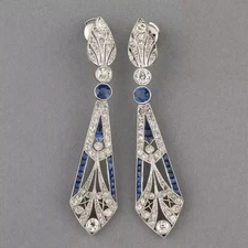 Art Deco Style Lab Created Diamond & Sapphire Dangle 14k White Gold FN Earrings
