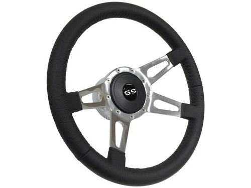 1969-94 Chevy Camaro Chevelle 9-Bolt Black Leather Steering Wheel Kit, White SS