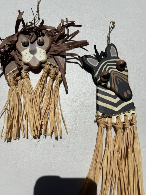 2 African Animal Lion & Zebra Raffia Fringe ornaments