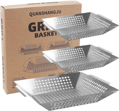 3Pk Extra Large Stainless Steel Vegetable Grill Basket w/Handles Heavy Duty