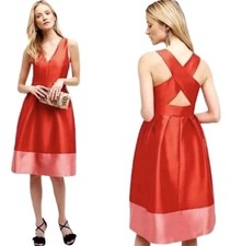 Anthropologie Maeve Satin Roseblock Dress Red Pink Party Holiday Size 6 NEW