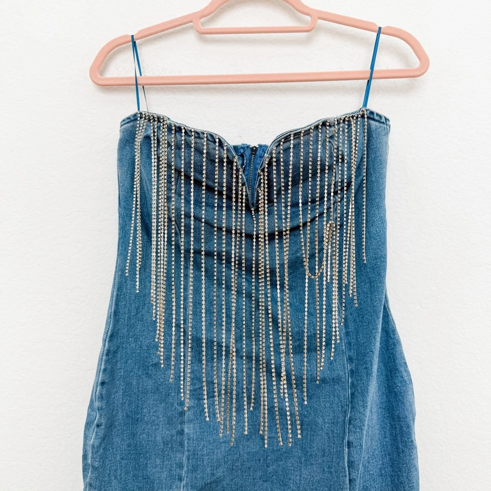 Mini vestido jeans sem alças Y2K tamanho M franja de strass festa ocidental americana - Imagem 2 de 4