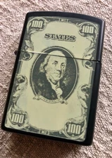 Classic Oil Wick Flint Vintage Lighter Case Printed Ben Franklin 100 Dollar Note
