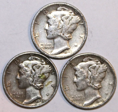 (3) Mercury Dimes - Extra Fine - 1943D 1943P 1943S - #1623ED FREE SHIPPING