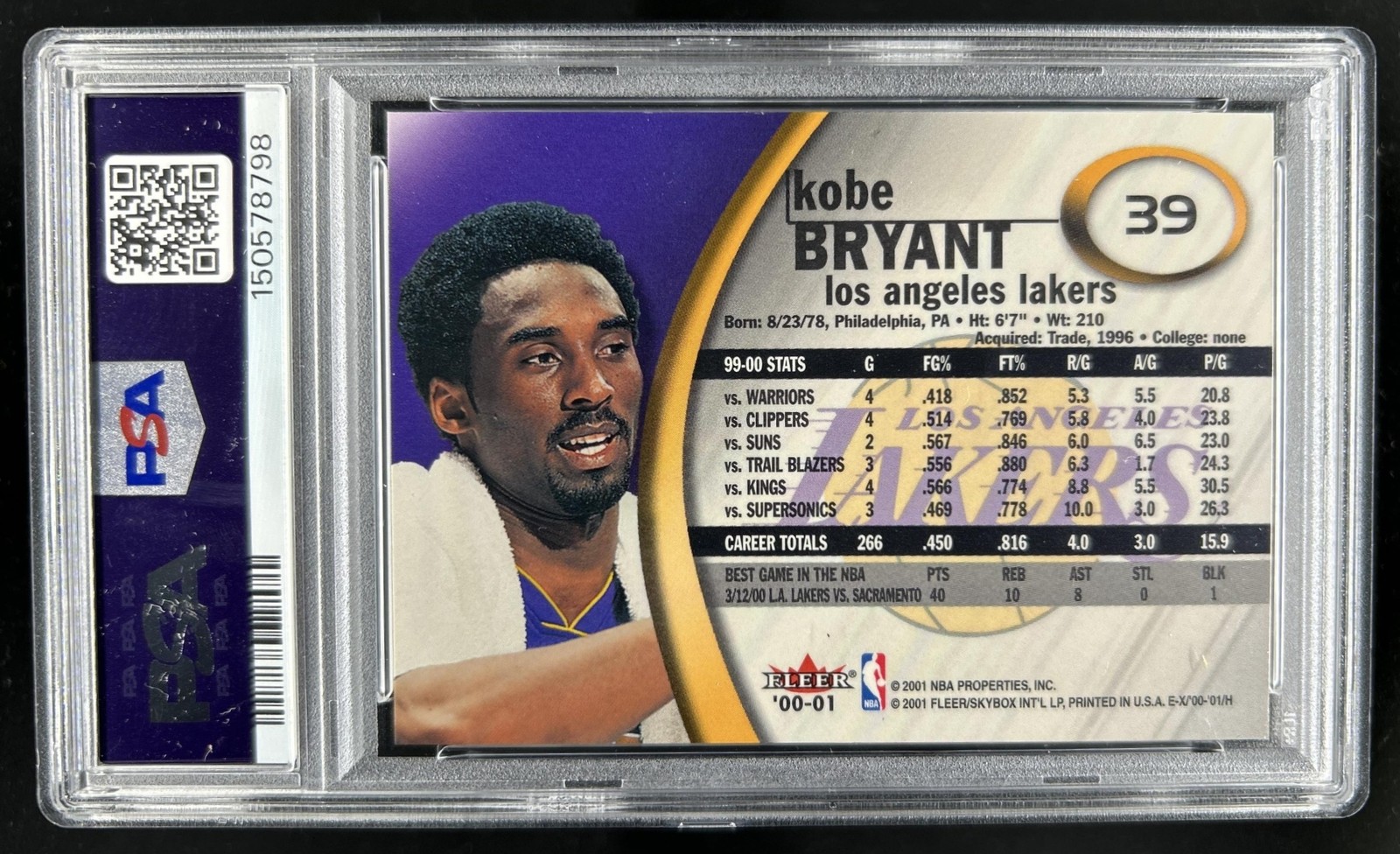 2000-01 Fleer E-X Kobe Bryant #39 Lakers PSA 9 view 2