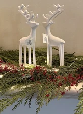 2 Crate & Barrel Reindeers Zinc White Holiday Christmas Decoration NEW With Tags