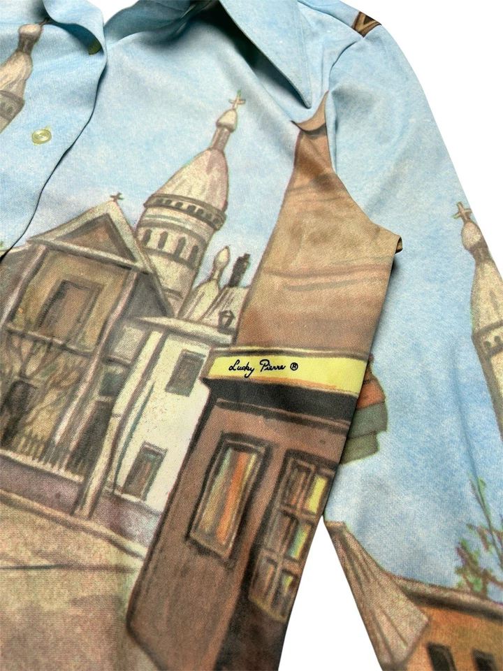 Camisa De Colección Años 70 Para Mujer Lucky Pierre Disco Arte Pintura Poli Talla Mediana Foto 4 de 4