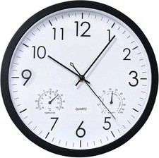 Wanduhr, 30cm, ohne Ticken, wetterfest, Thermometer, Hygrometer, leise, schwarz