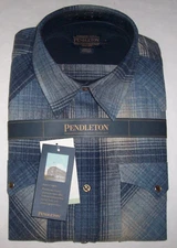 NWT Pendleton BLUE/GRAY Ombre Plaid CANYON Snap Shirt 100% Virgin Wool Men's L