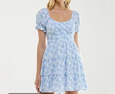Trixxi Blue & White Floral Square Neck Puff Sleeve Mini Dress Size S