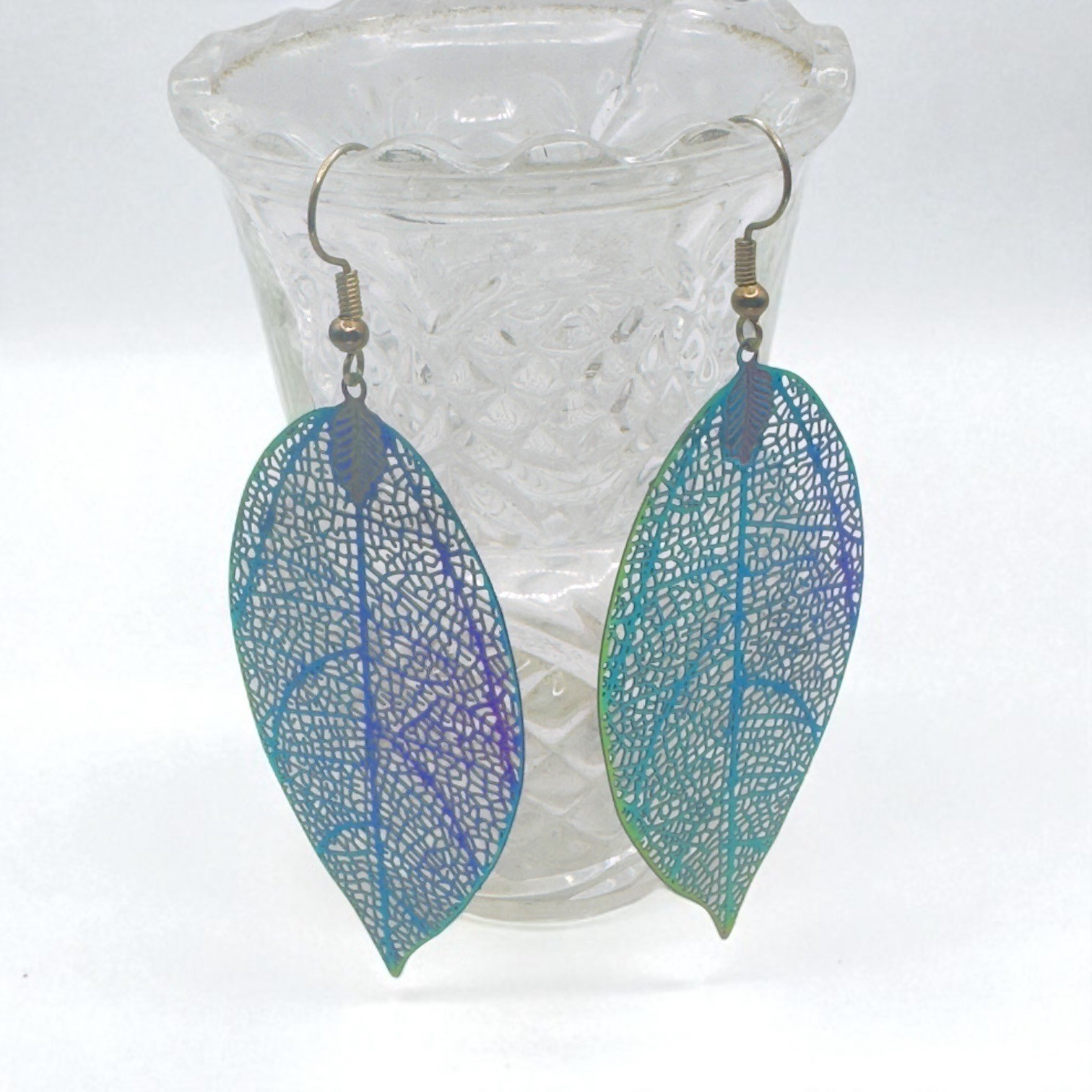 Iridescent Leaf Skeleton Dangle Earrings With Fis… - image 1