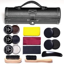 12PC Shoe Shine Kit Leather Boot Polish Kit w/Brushes and Brown, Black, Neutr...
