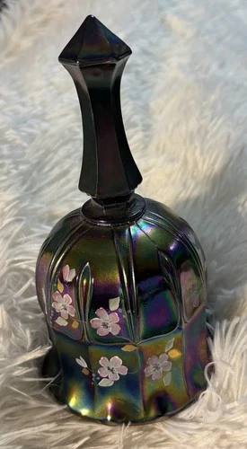 EUC Fenton Carnival Glass Amethyst Hand Painted Dogwood BELL Signed  Sticker